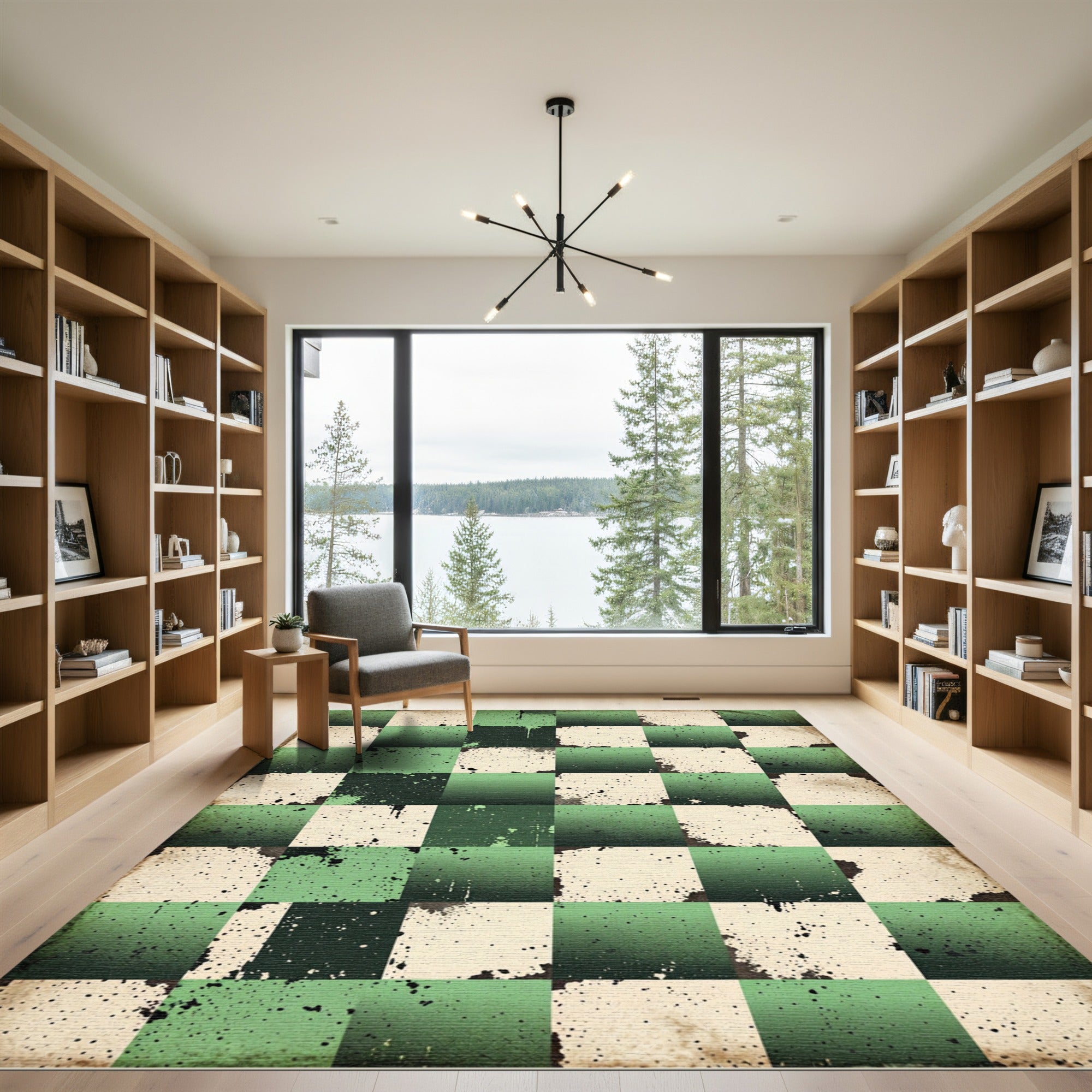 Green Cream Checkerboard Splatter Texture Rug