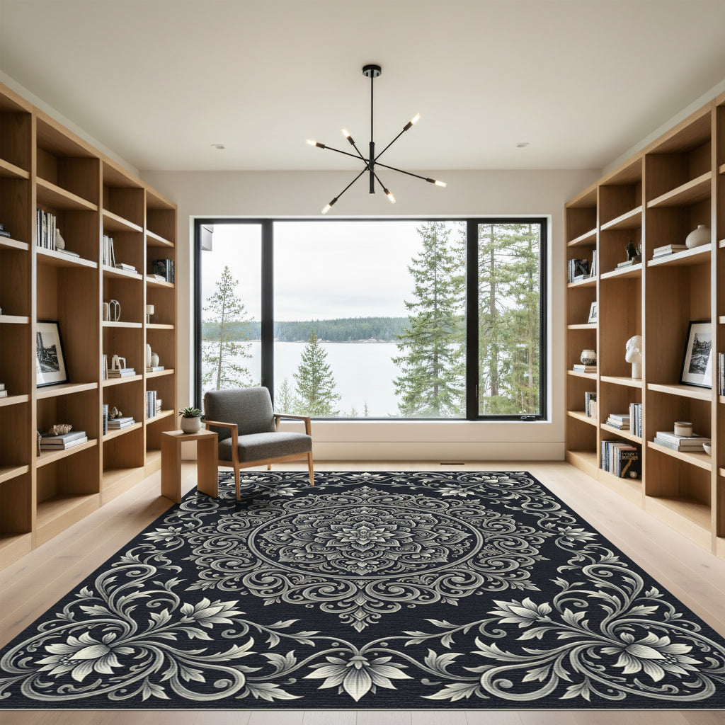 Ornate Silver Floral Medallion Rug