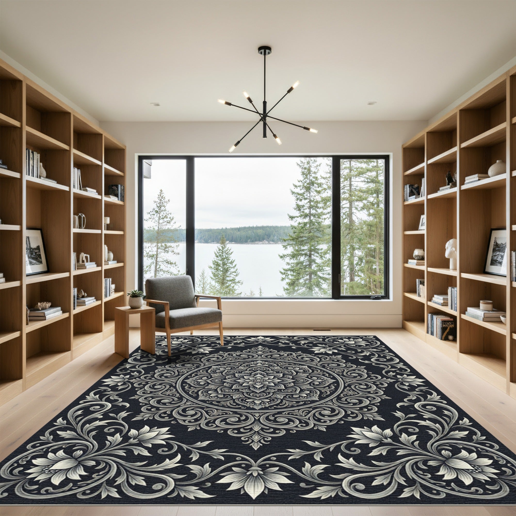 Ornate Silver Floral Medallion Rug