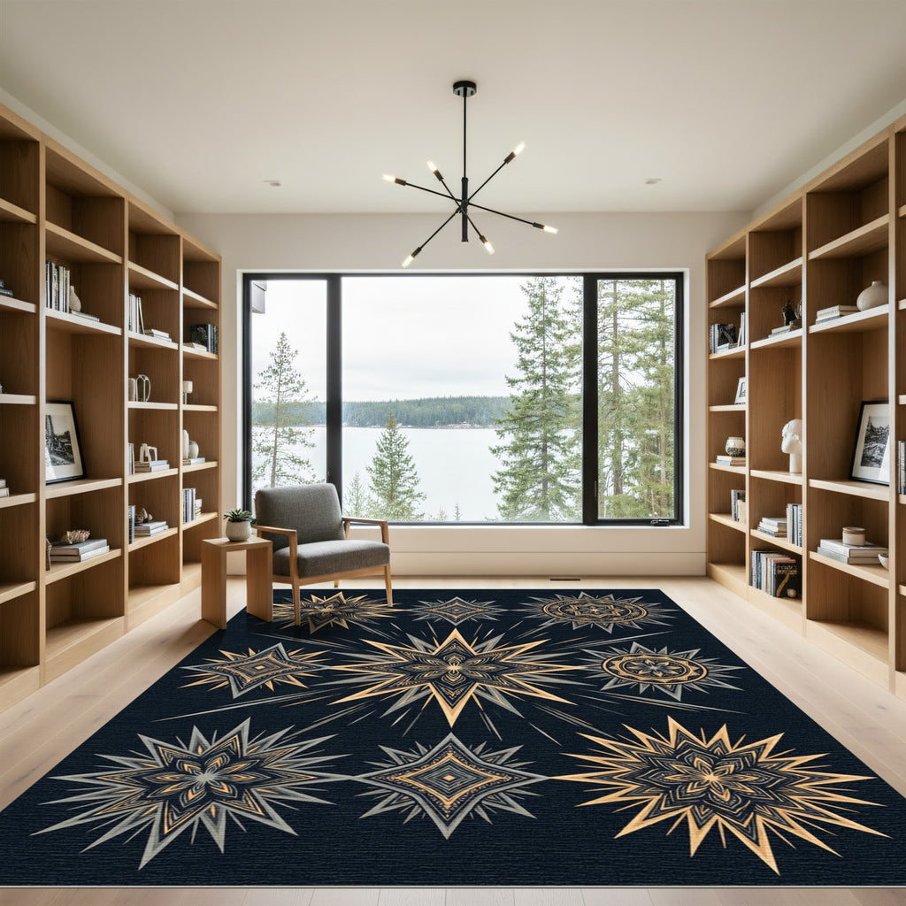 Golden Ochre Sunburst Star Mandala Rug