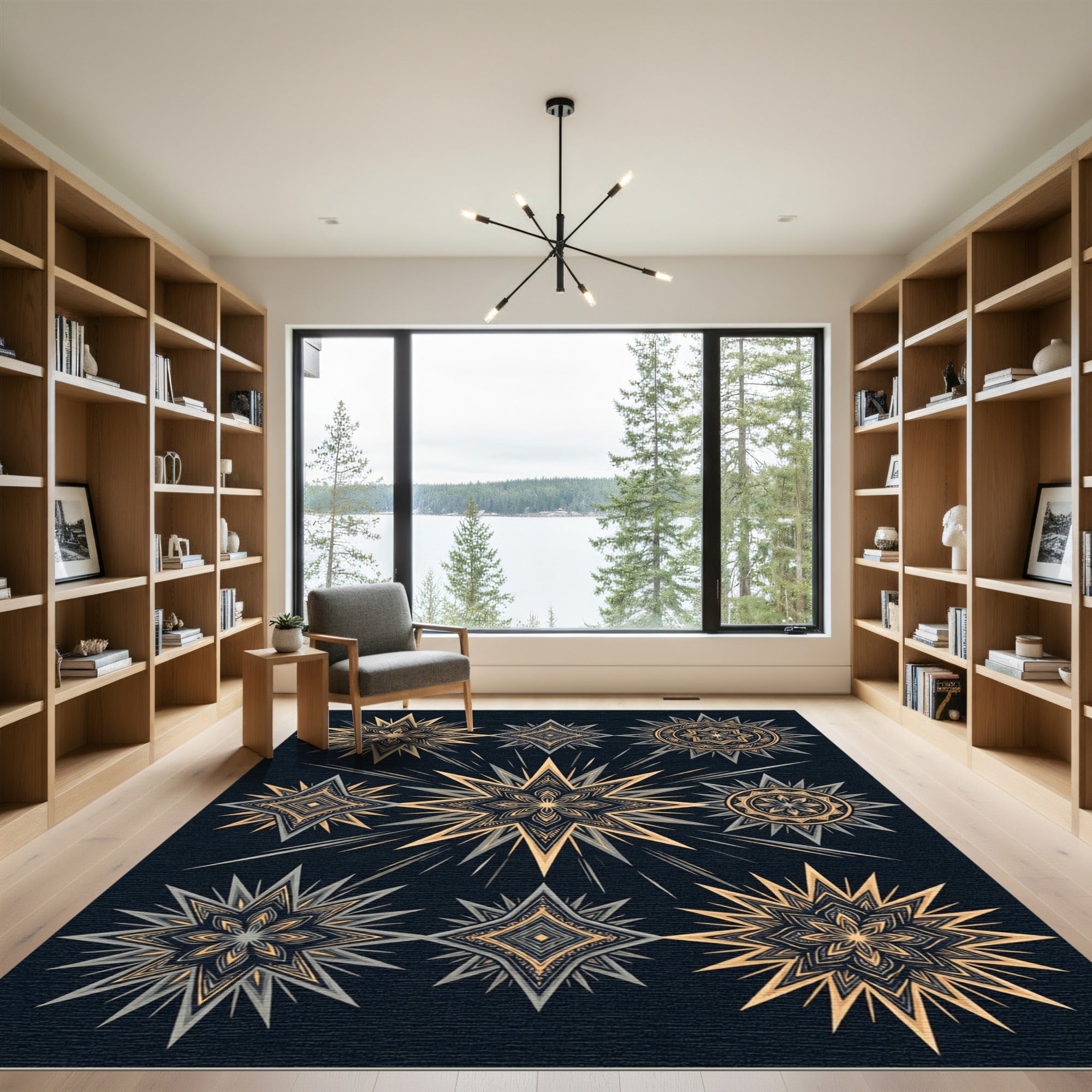 Golden Ochre Sunburst Star Mandala Rug