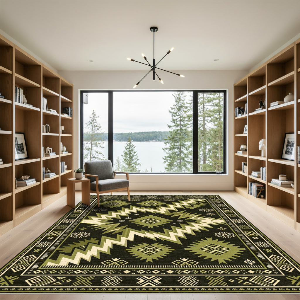 Army Green Geometric Sunburst Rug