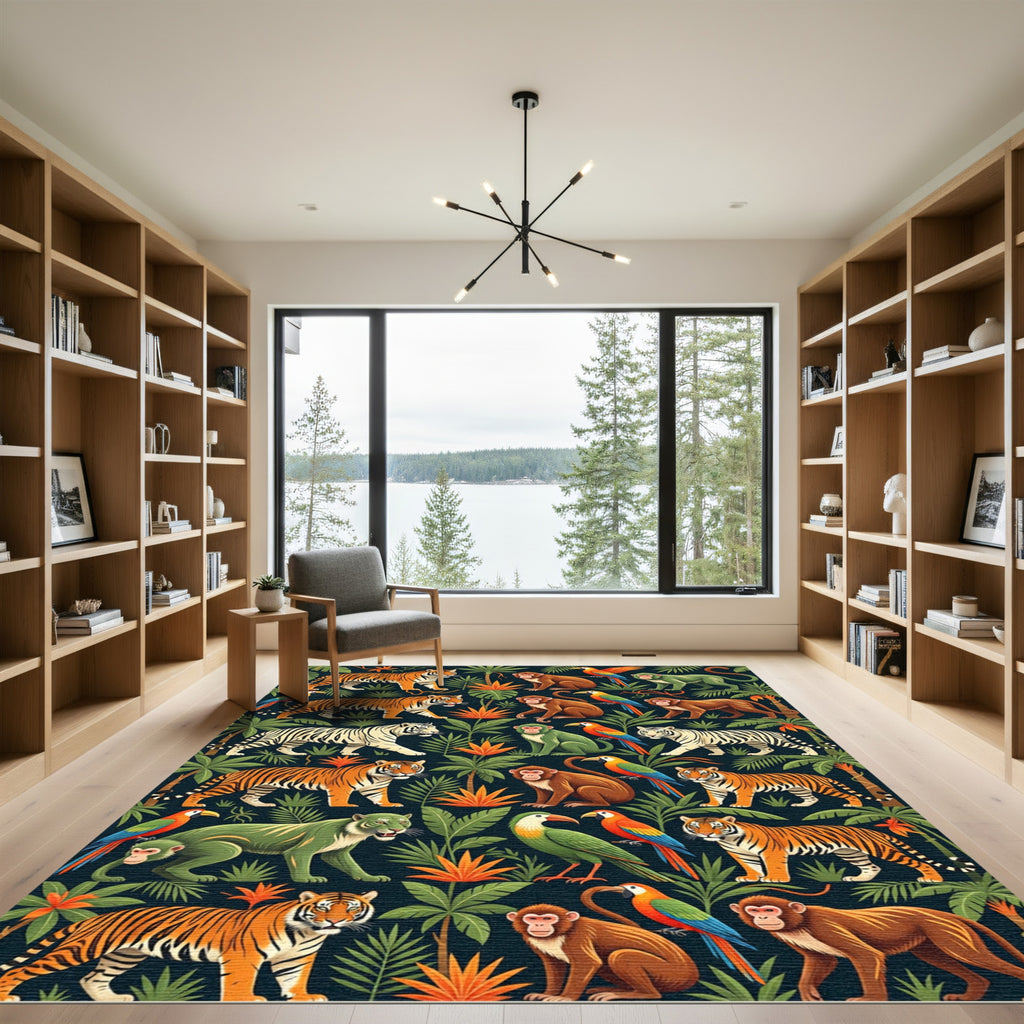 Vibrant Tropical Jungle Tiger Monkey Parrot Rug