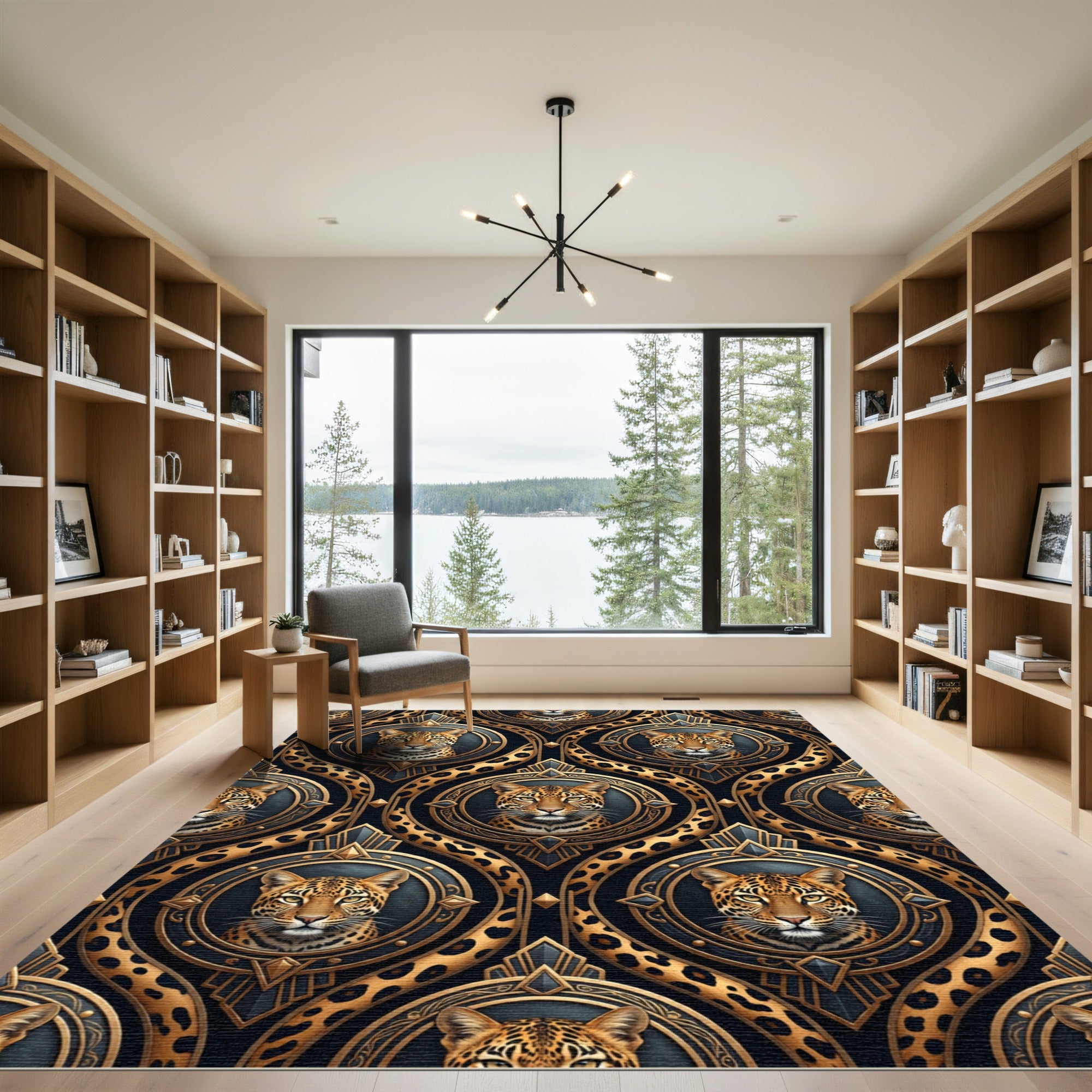 Majestic Leopard Gold Circle Emblem Rug