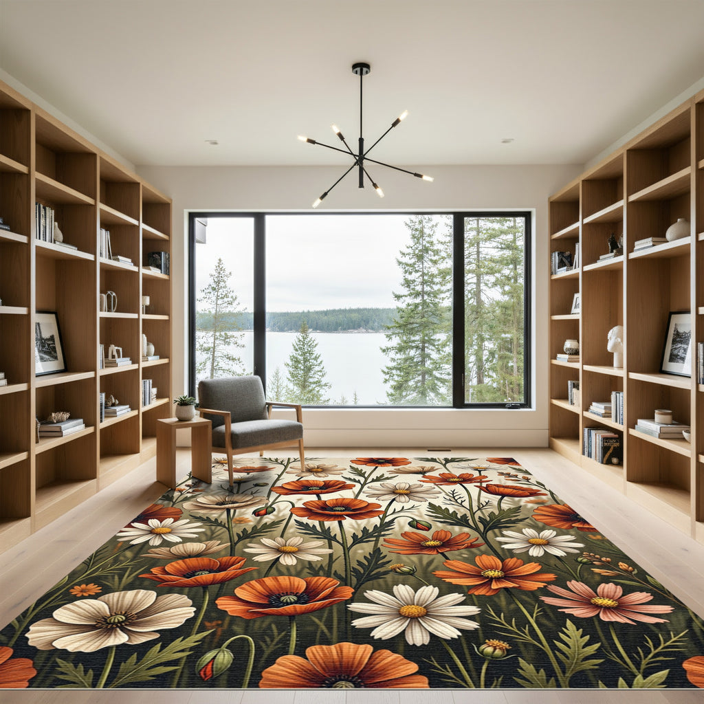 Vibrant Orange Daisy Meadow Floral Rug
