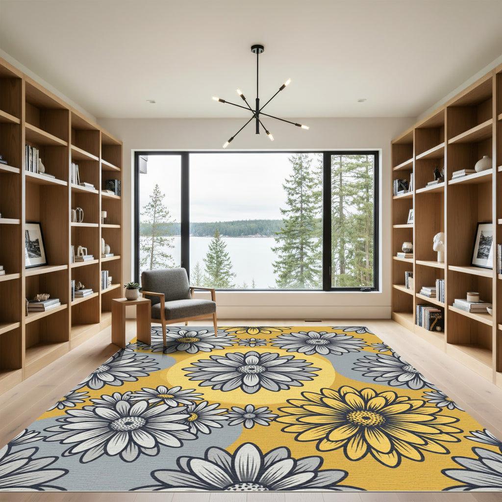 Yellow and Gray Retro Daisy Field Rug