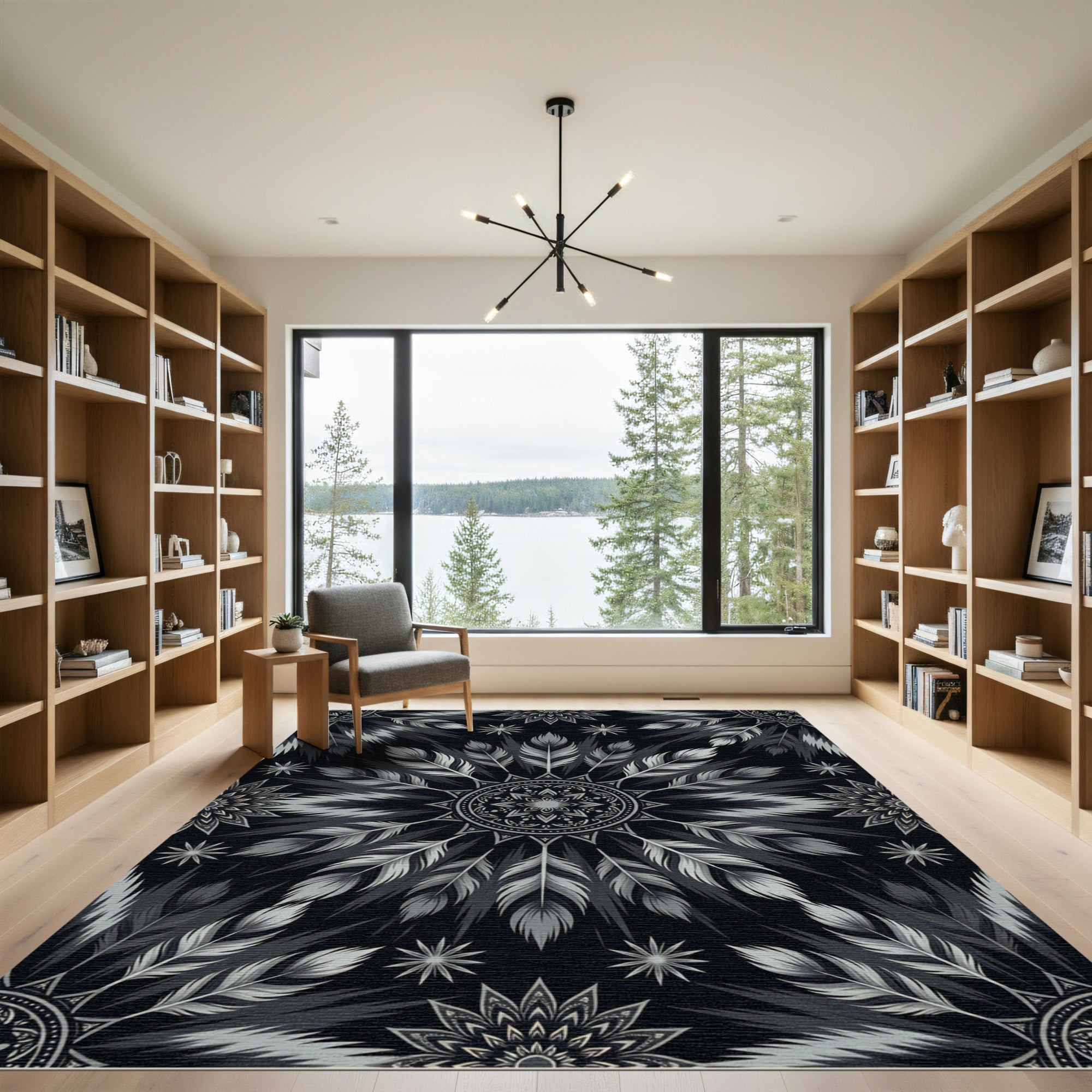 Monochromatic Feather Mandala Starburst Rug