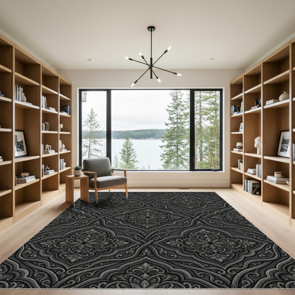 Dark Charcoal Arabesque Medallion Rug