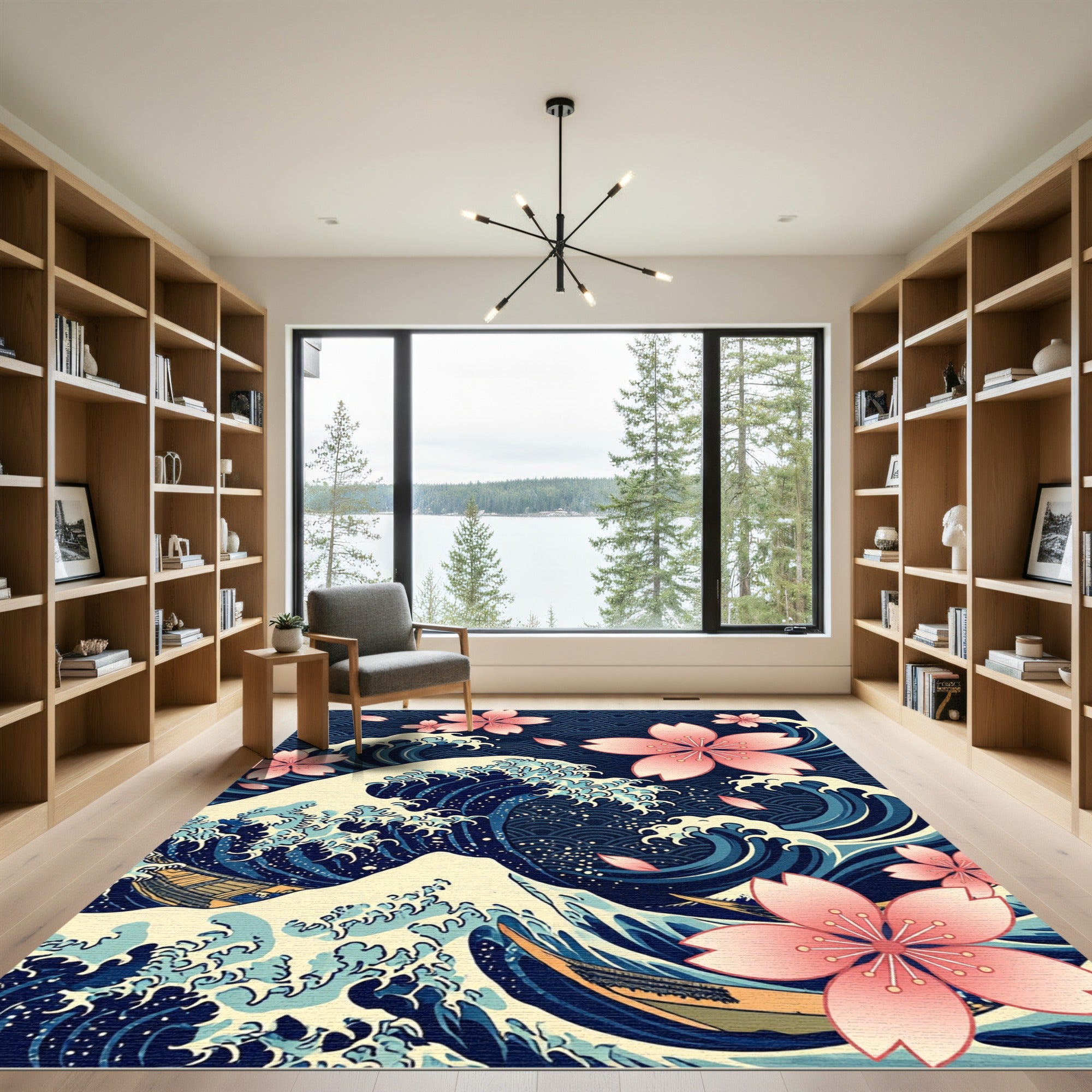 Japanese Wave with Pink Cherry Blossoms Rug