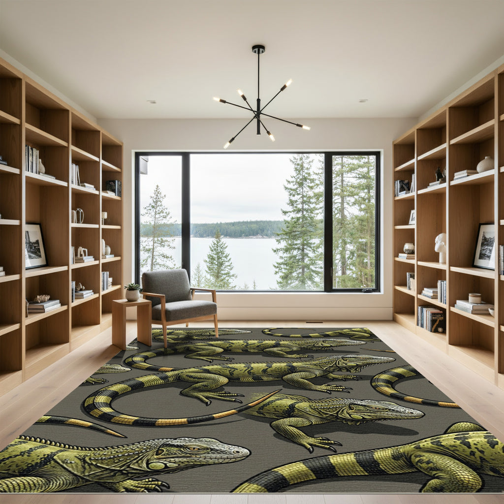 Vibrant Green Iguana Reptile Illustration Rug