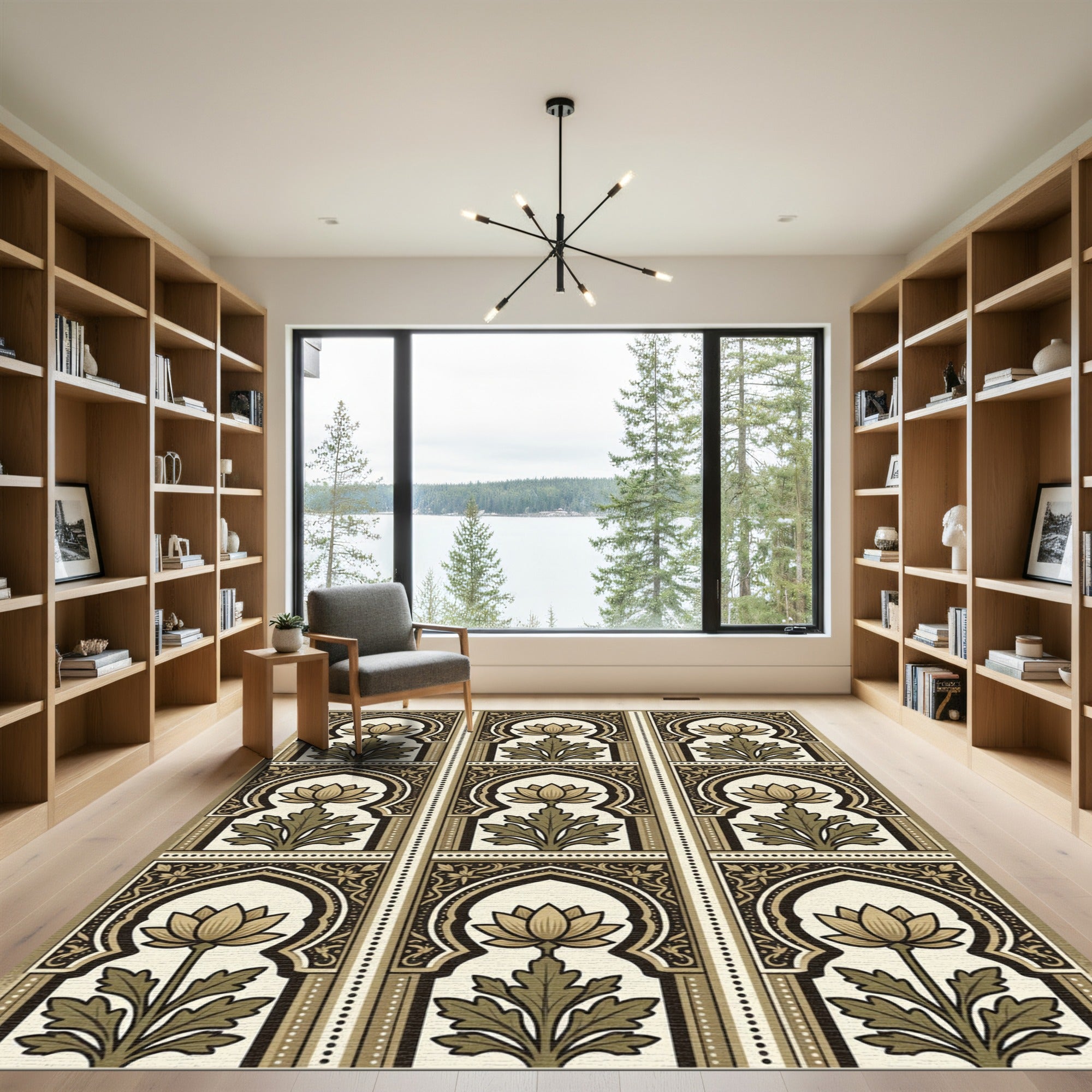 Golden Lotus Floral Arch Wall Art Rug
