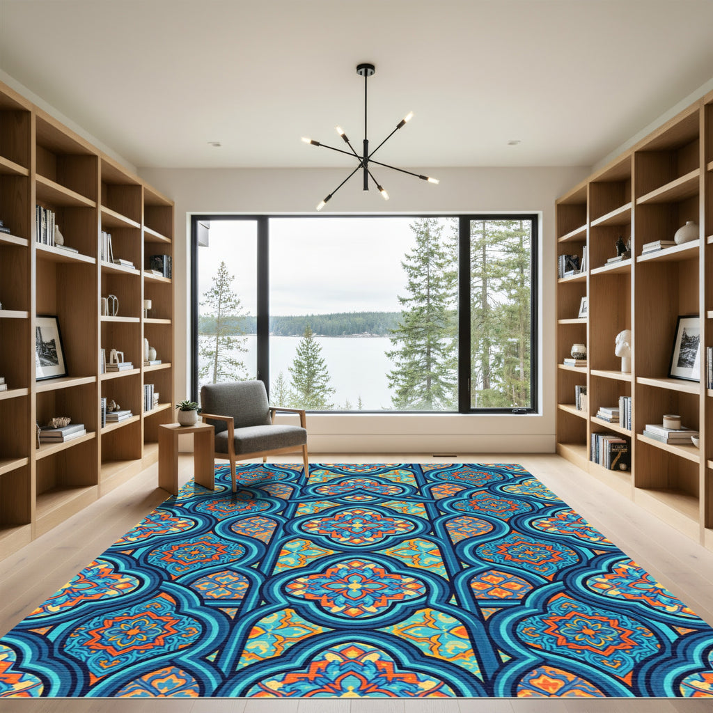Intricate Blue Orange Floral Lattice Rug