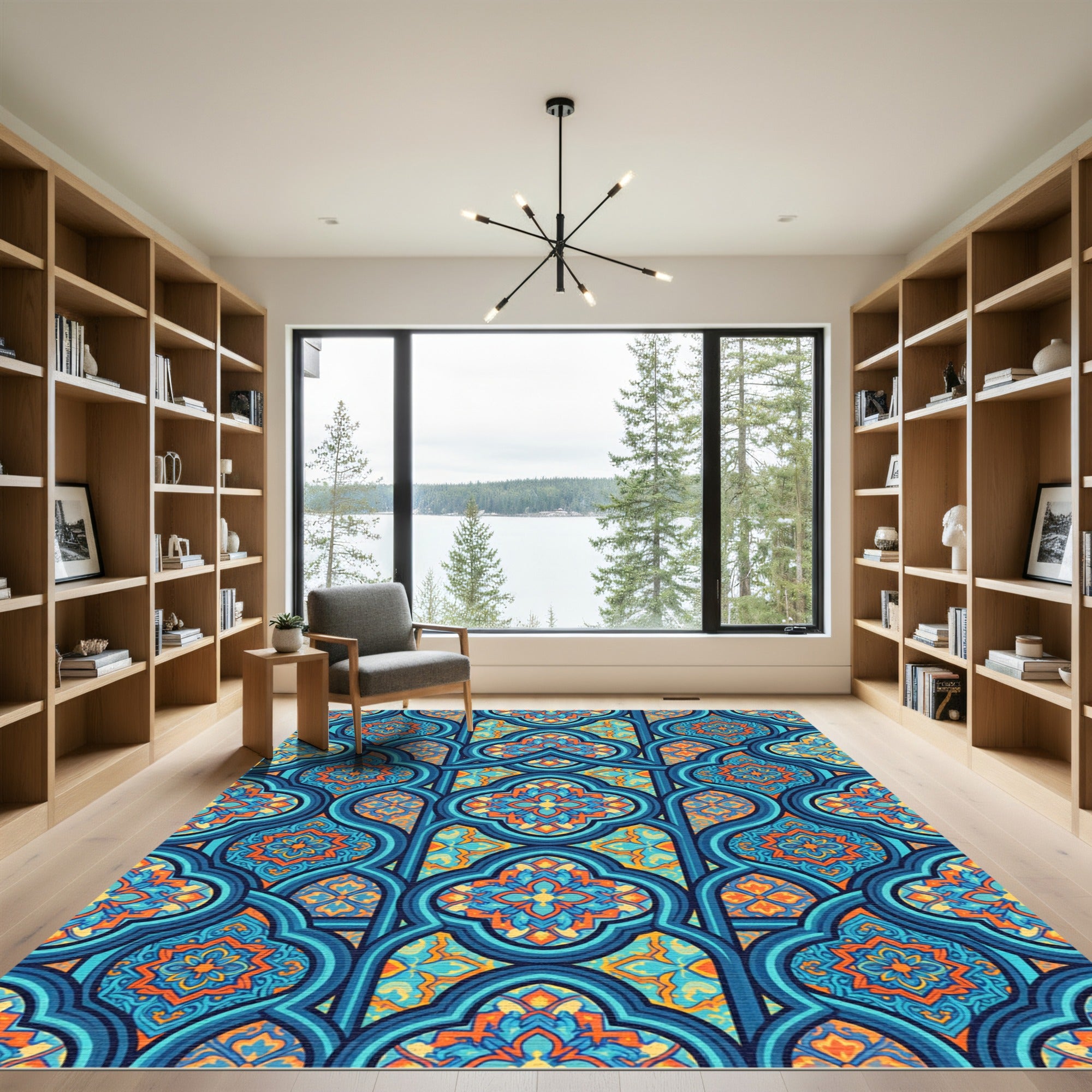Intricate Blue Orange Floral Lattice Rug
