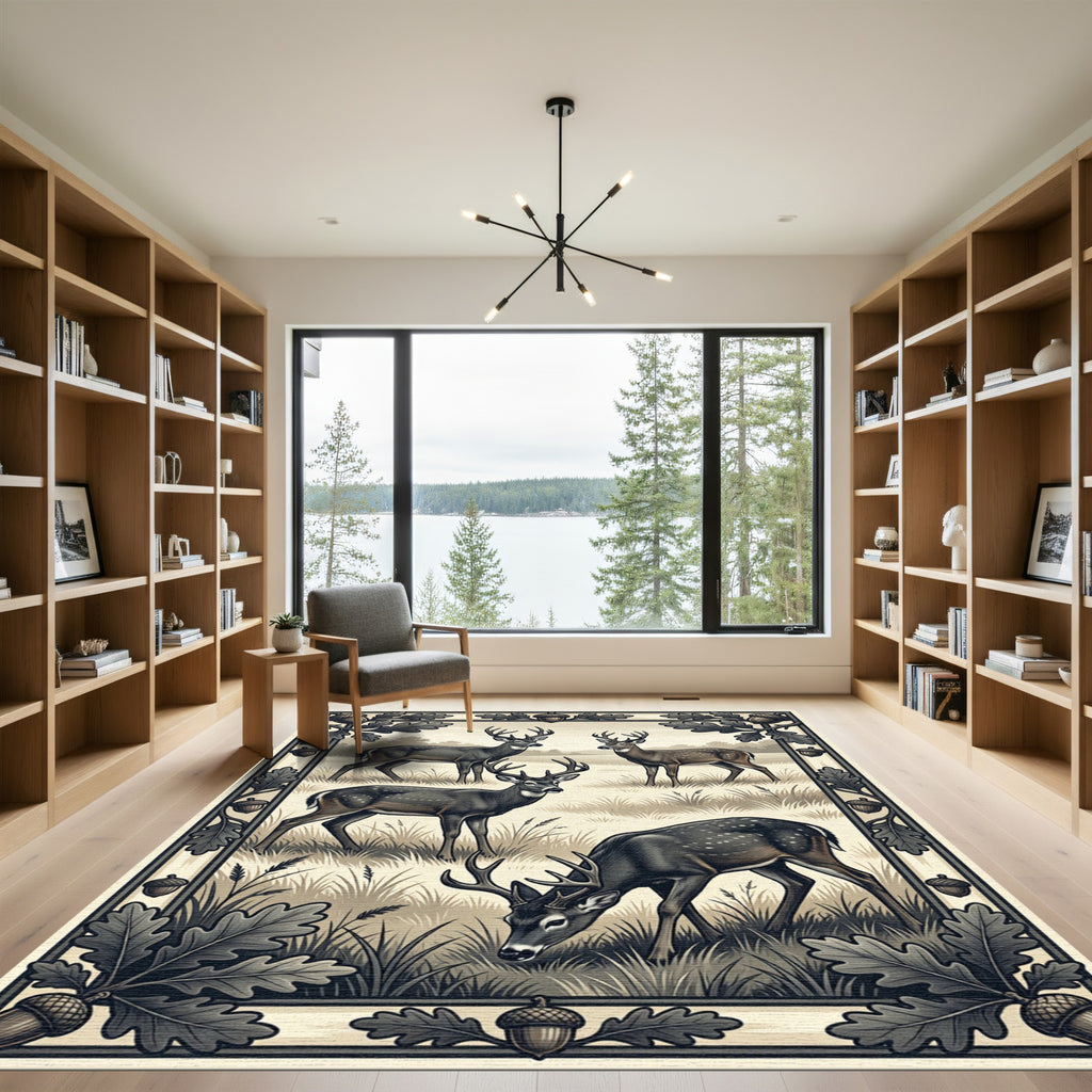 Vintage Forest Deer Oak Woodland Illustration Rug
