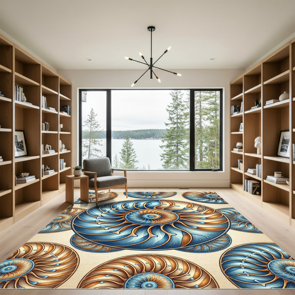 Celestial Golden Blue Nautilus Spiral Rug