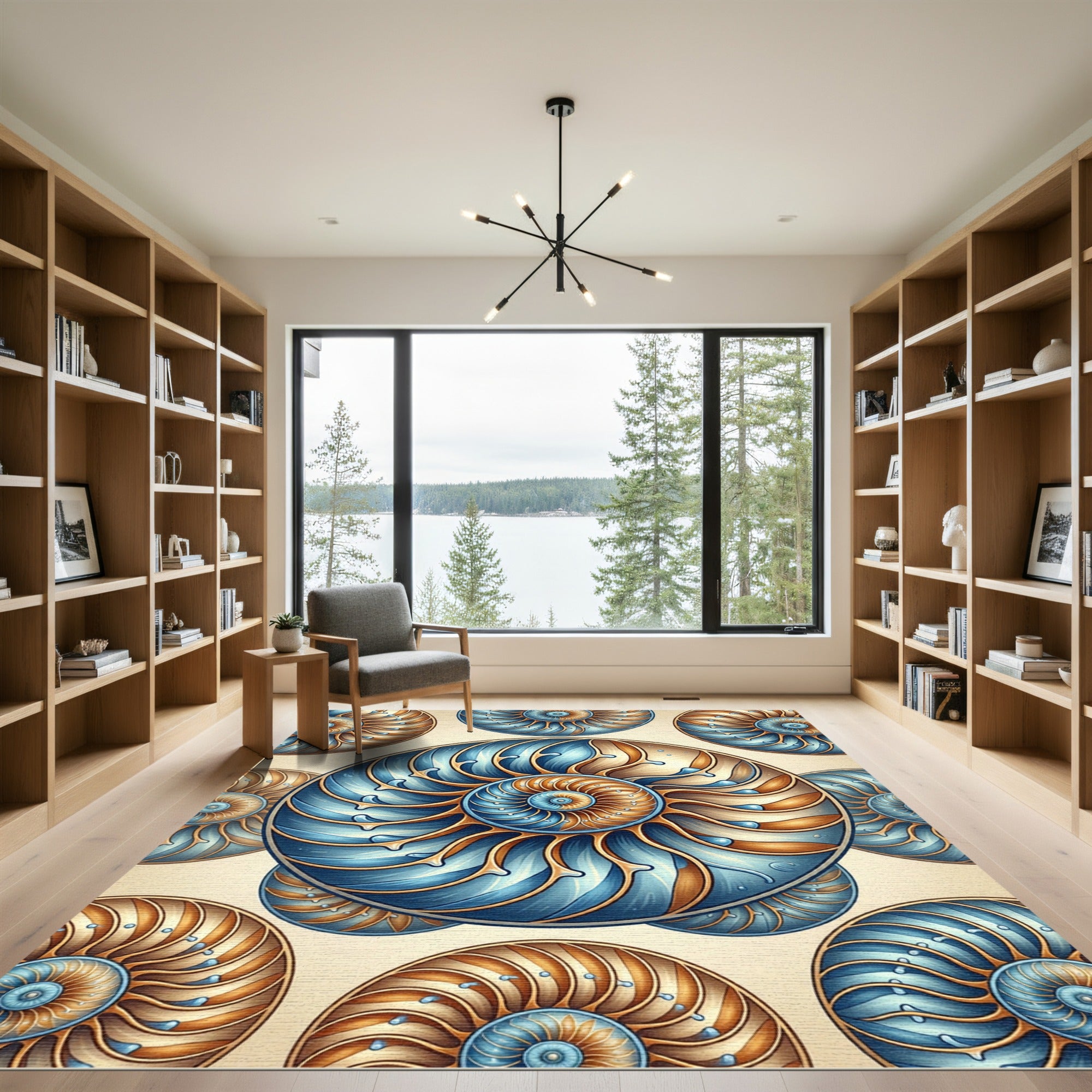 Celestial Golden Blue Nautilus Spiral Rug