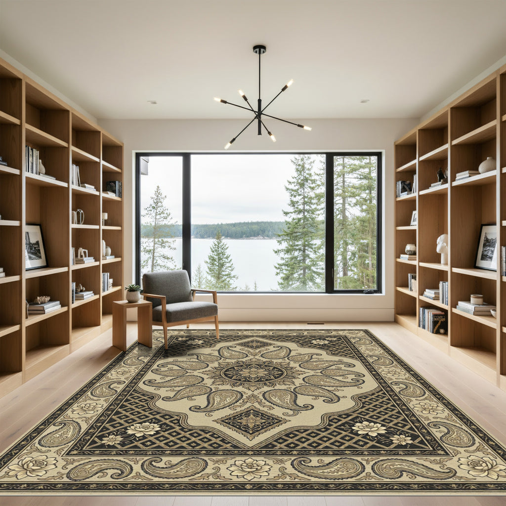 Elegant Beige Paisley Floral Medallion Rug