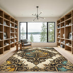 Ornate Golden Foliage Teal Medallion Rug