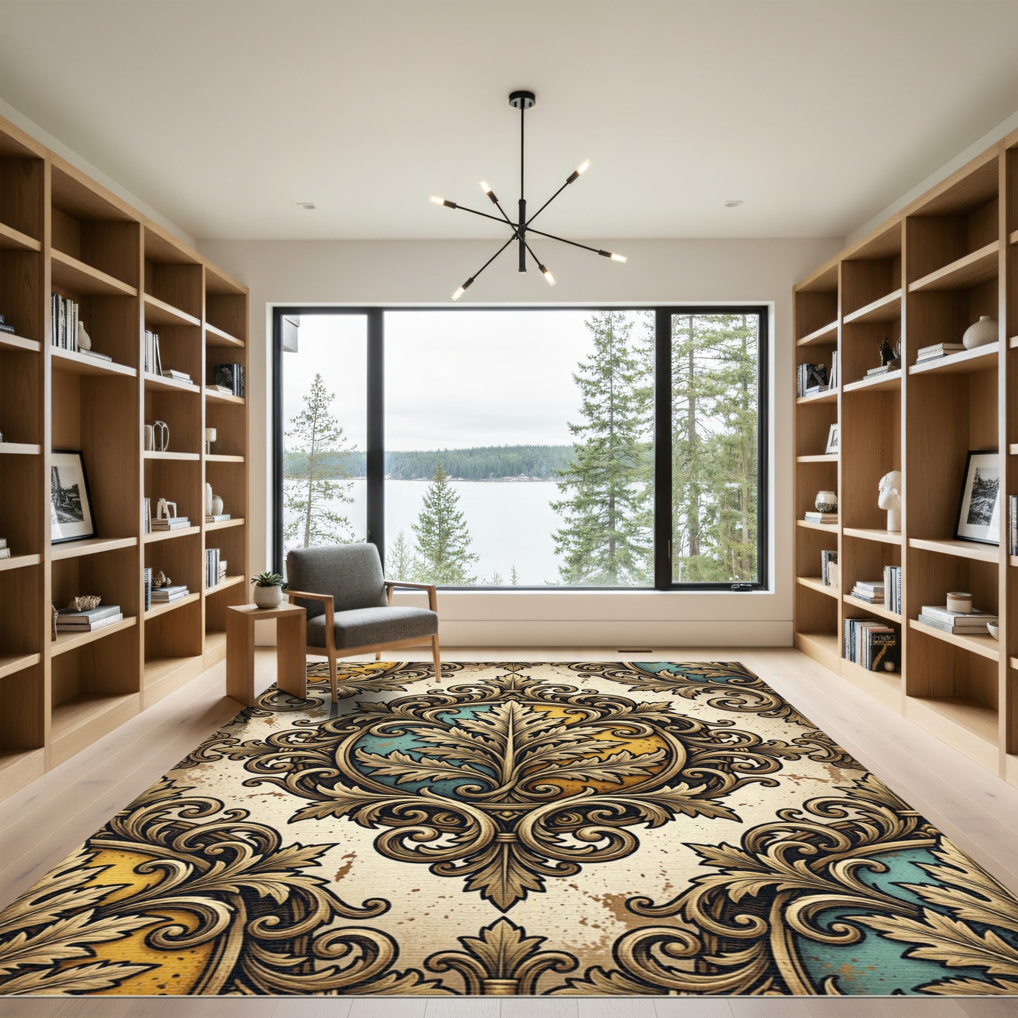 Ornate Golden Foliage Teal Medallion Rug