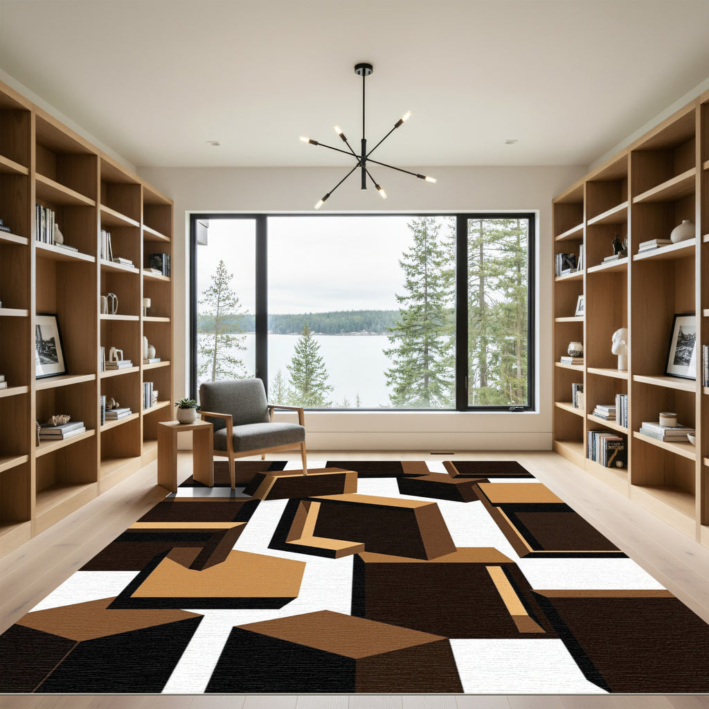 Modern Brown Geometric Cube Composition Rug