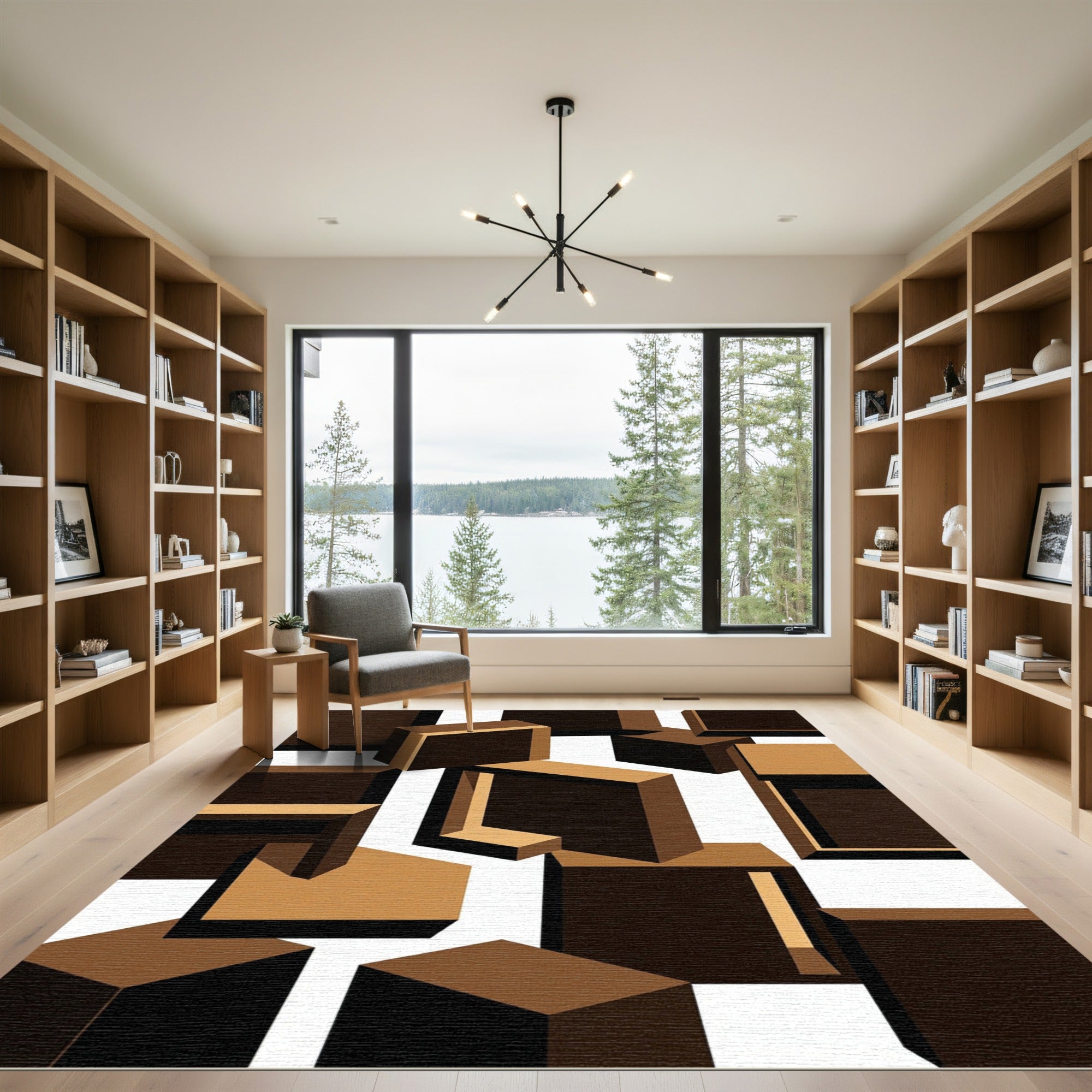 Modern Brown Geometric Cube Composition Rug