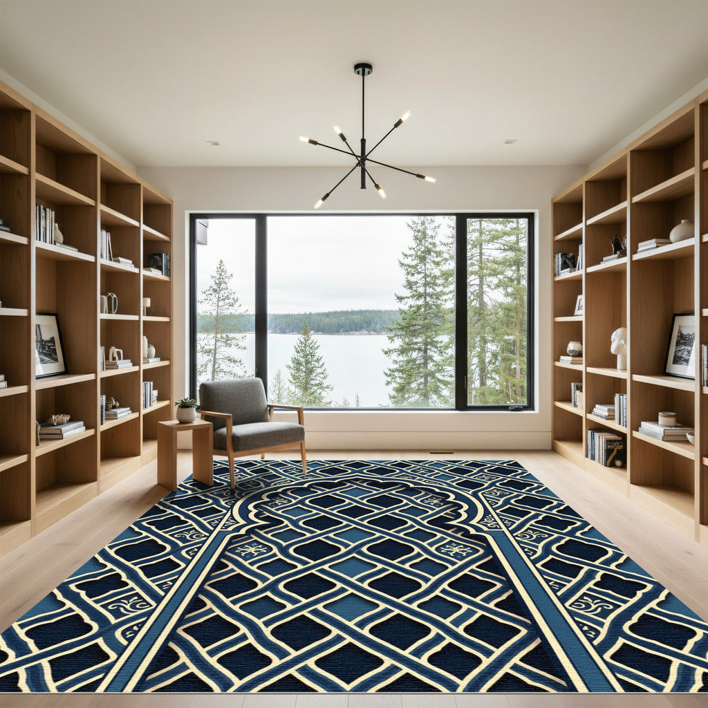 Navy Blue Intricate Arched Lattice Rug