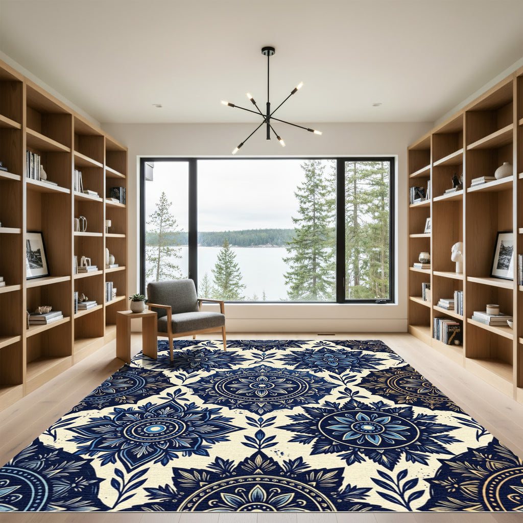 Deep Blue Floral Medallion Pattern Rug