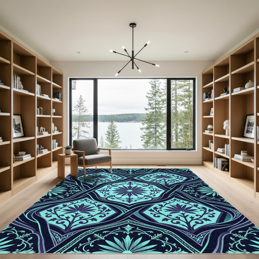 Deep Teal Floral Lattice Composition Rug