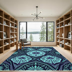 Deep Teal Floral Lattice Composition Rug