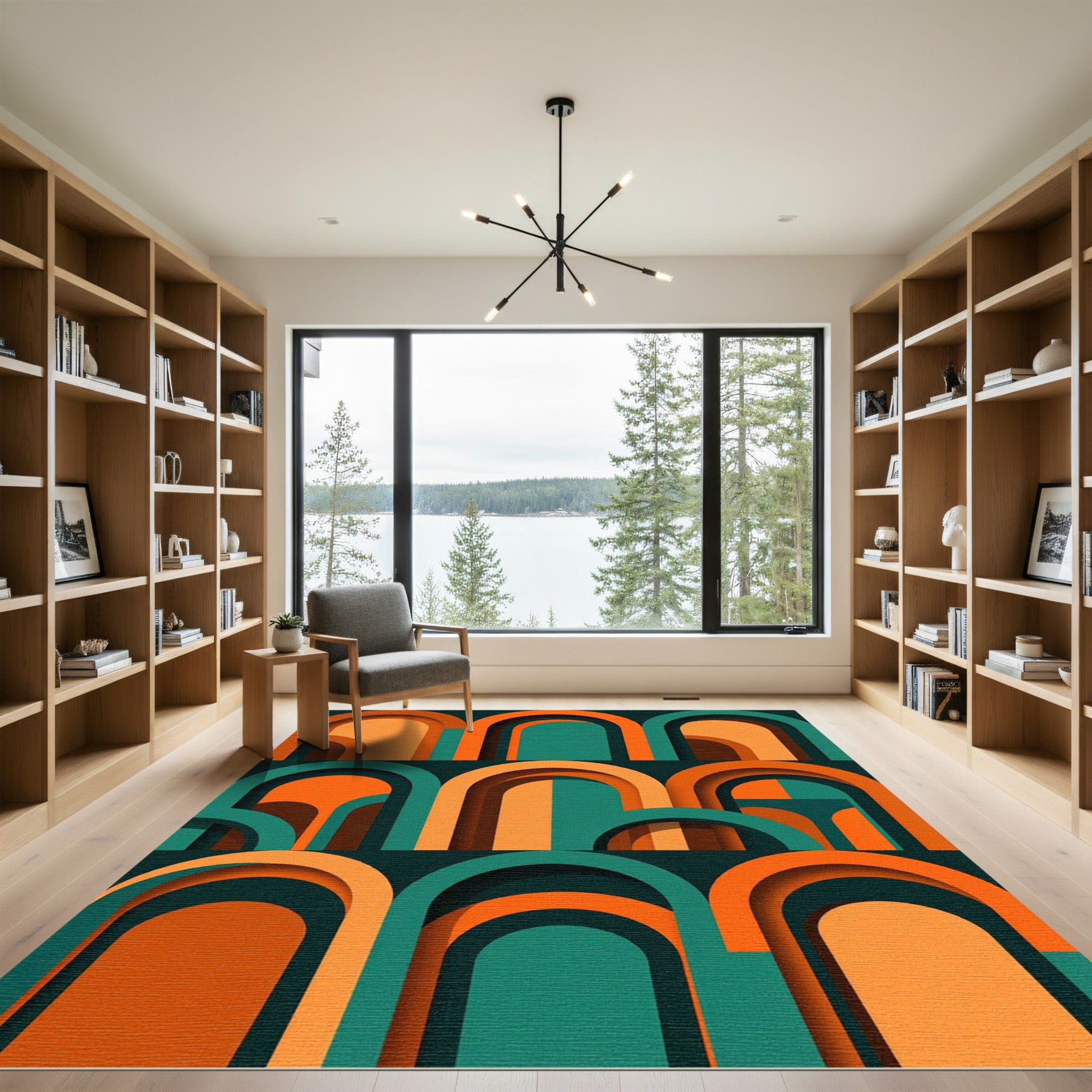 Mid Century Modern Orange Teal Arch Rug