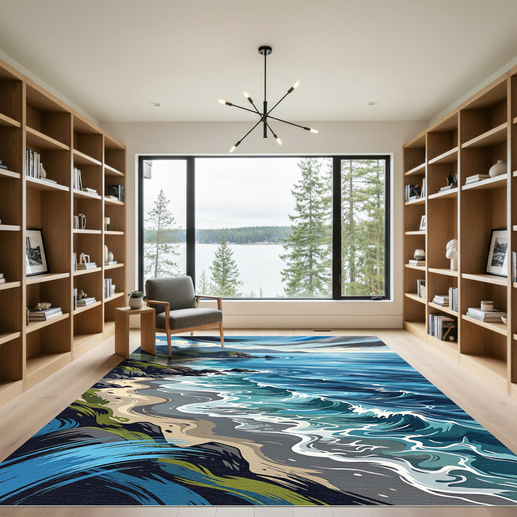 Coastal Blue Ocean Wave Landscape Rug