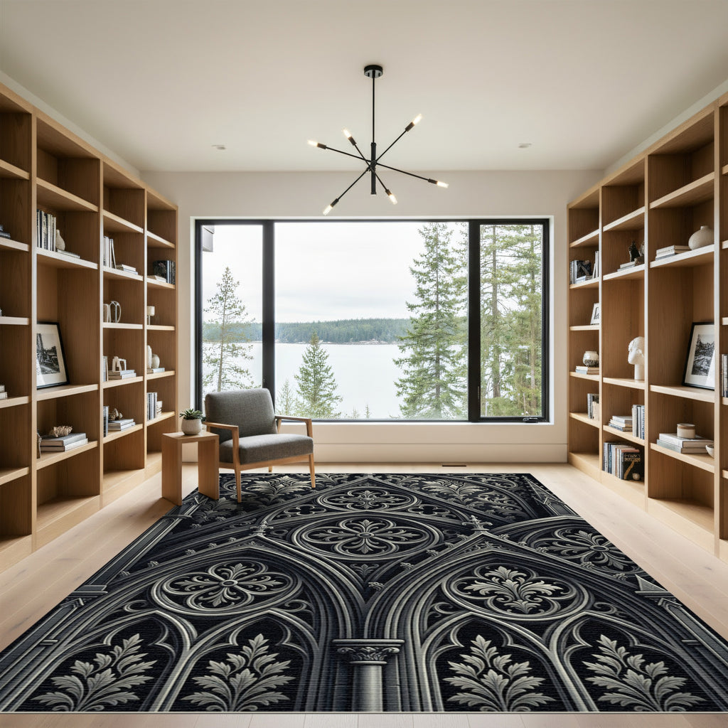 Gothic Monochrome Architectural Floral Stone Rug