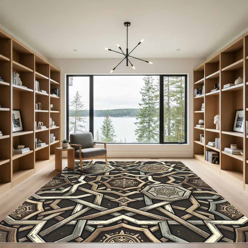 Intricate Bronze Geometric Star Medallion Rug