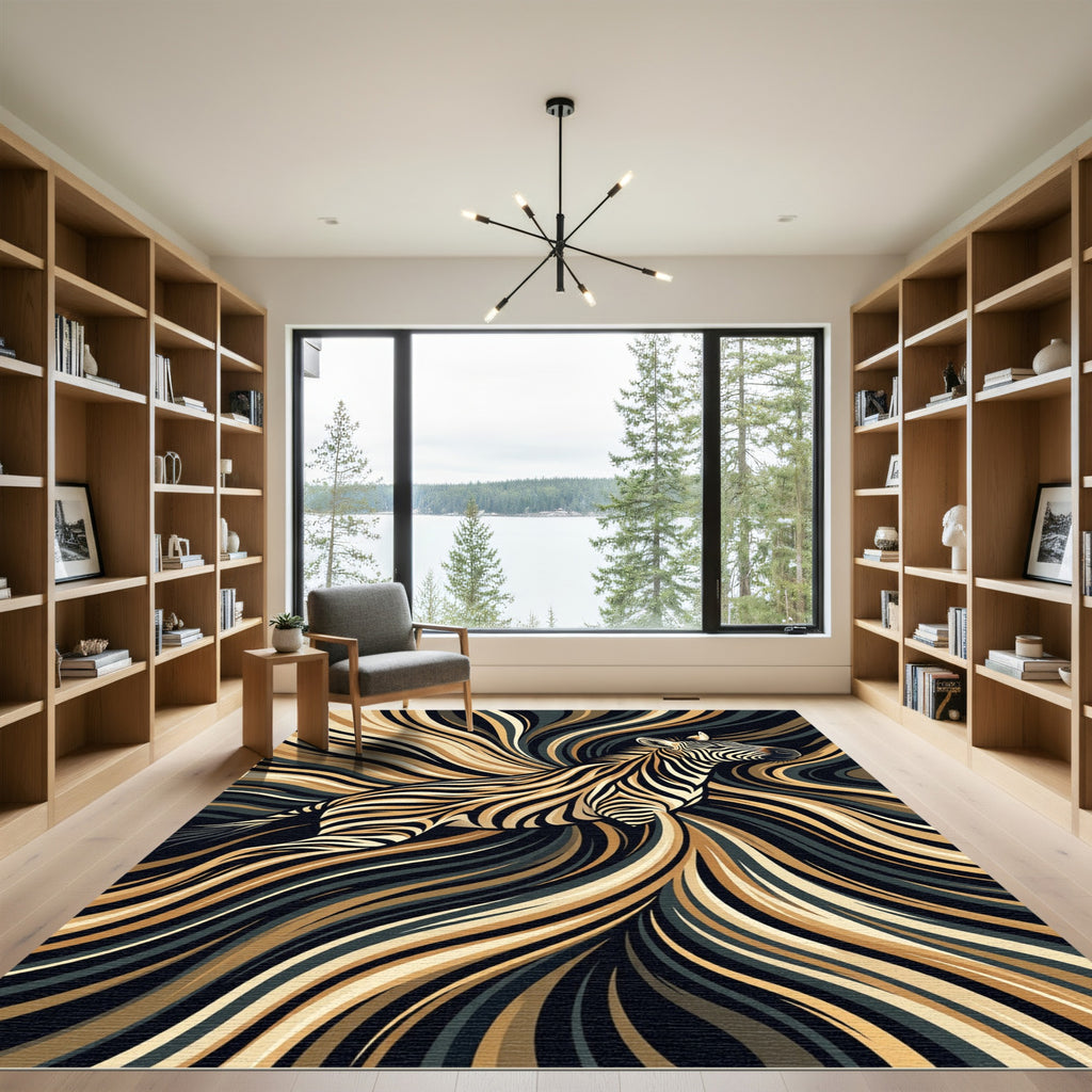 Abstract Golden Zebra Swirl Flowing Art Rug