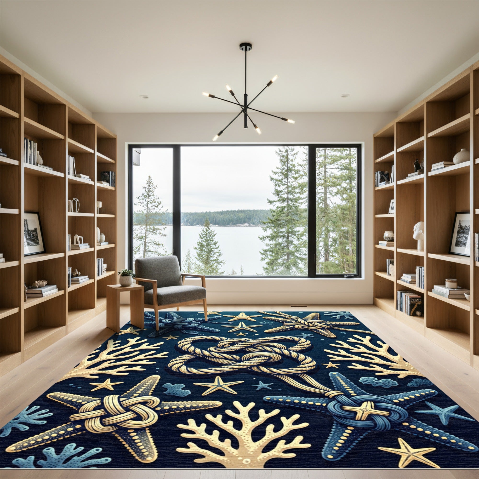 Navy Nautical Starfish and Sea Coral Rug