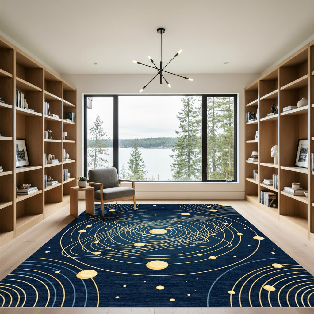 Celestial Gold Orbit Navy Spheres Rug