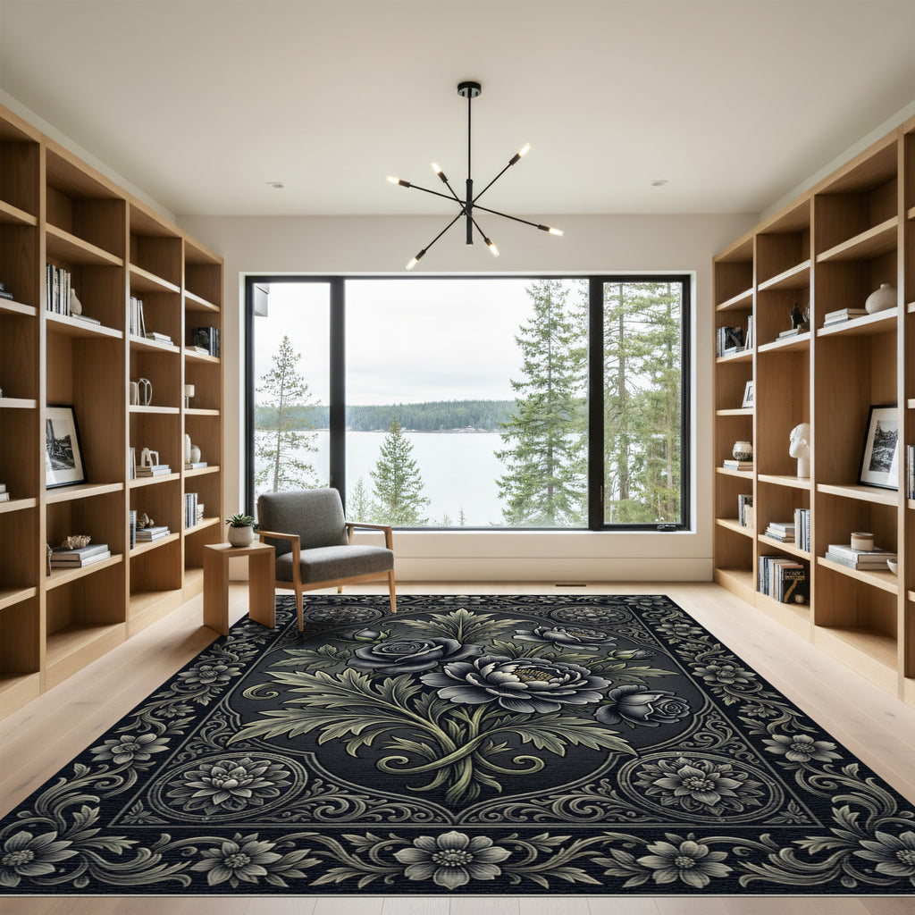 Ornate Charcoal Floral Bouquet Rug