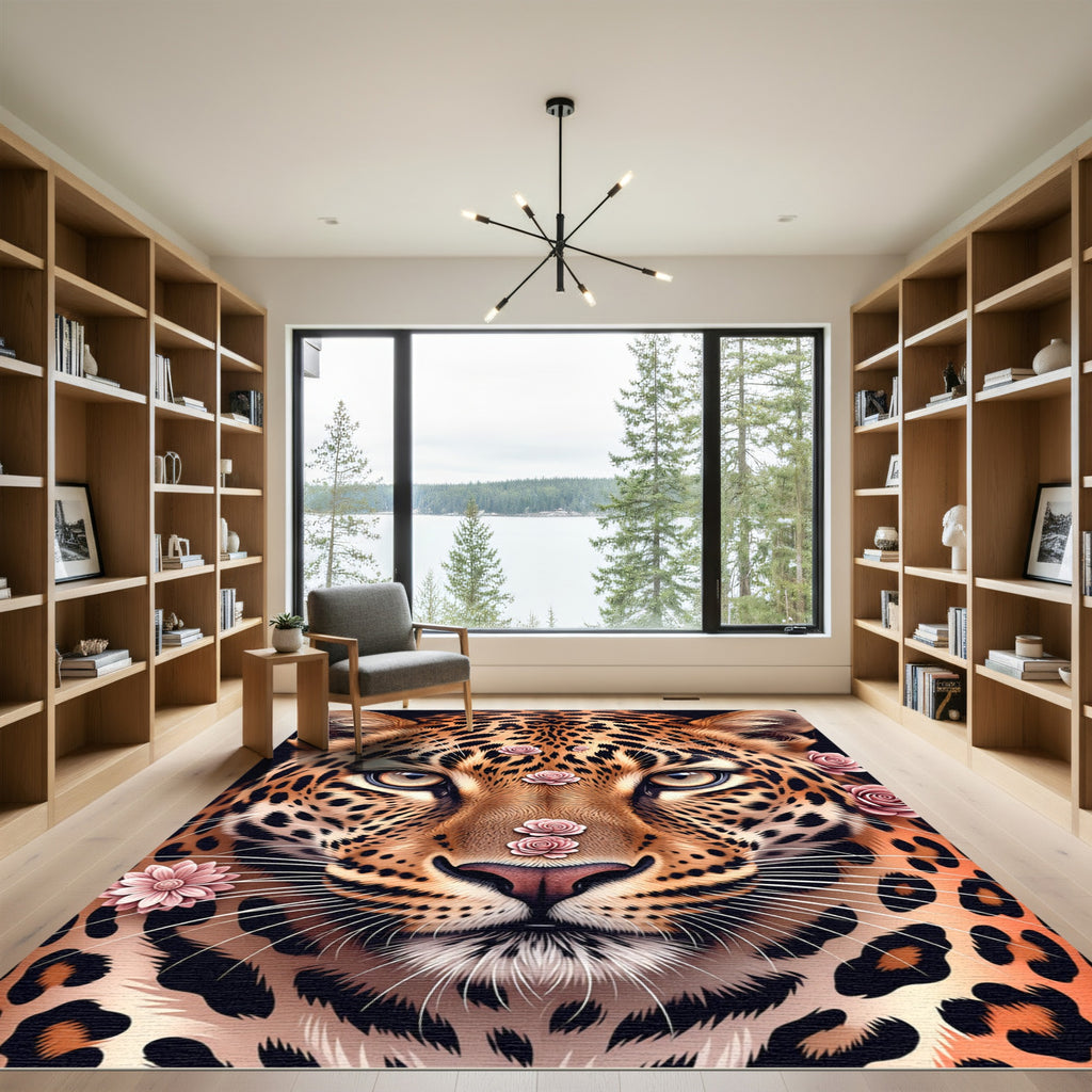 Majestic Leopard Portrait with Pink Roses Rug