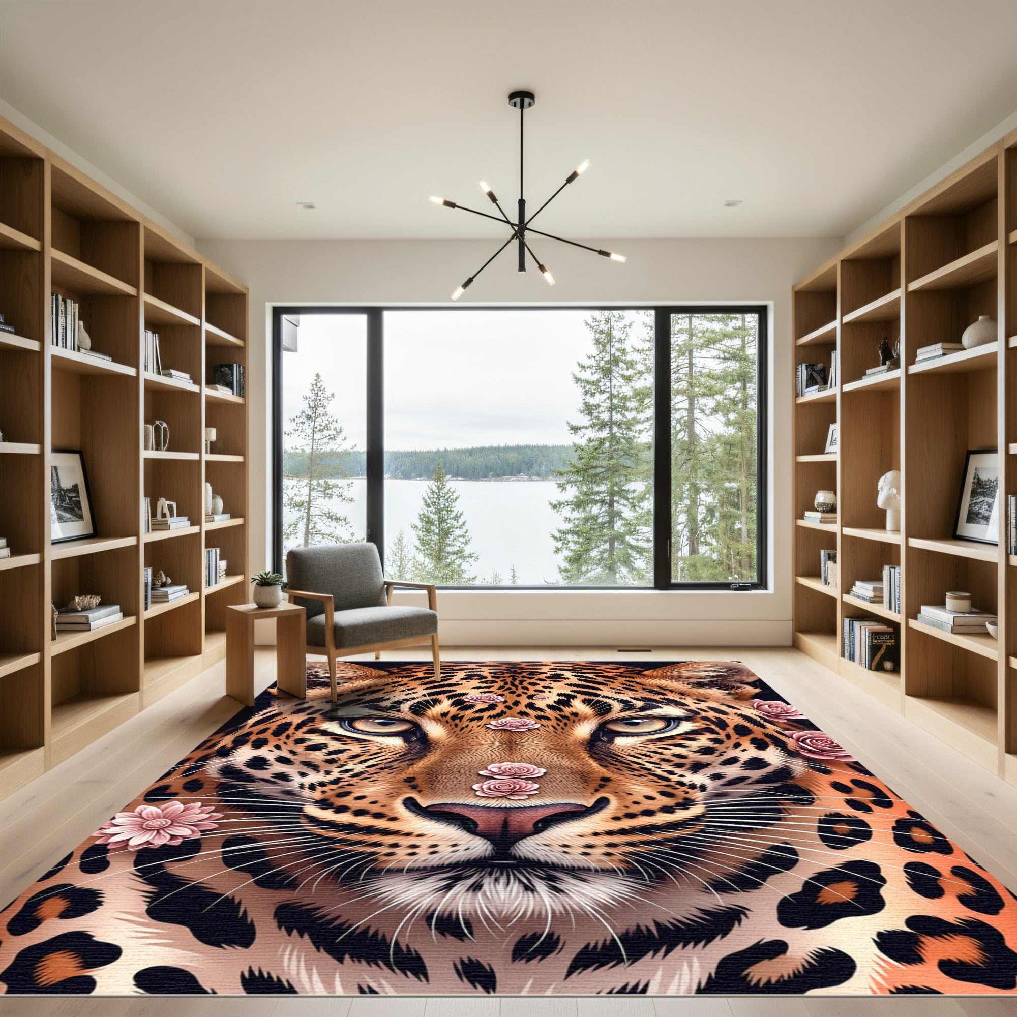 Majestic Leopard Portrait with Pink Roses Rug