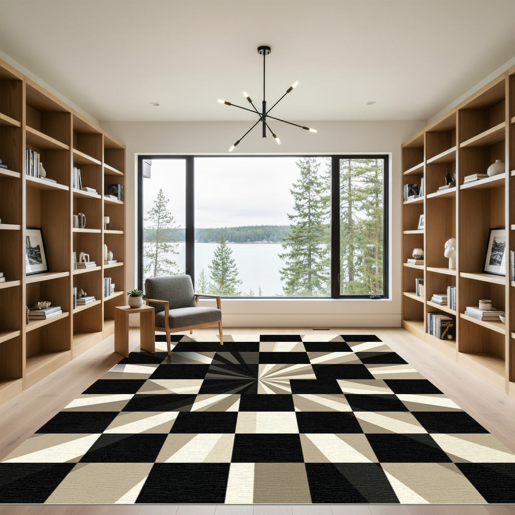 Modern Monochrome Geometric Radiant Checkerboard Rug