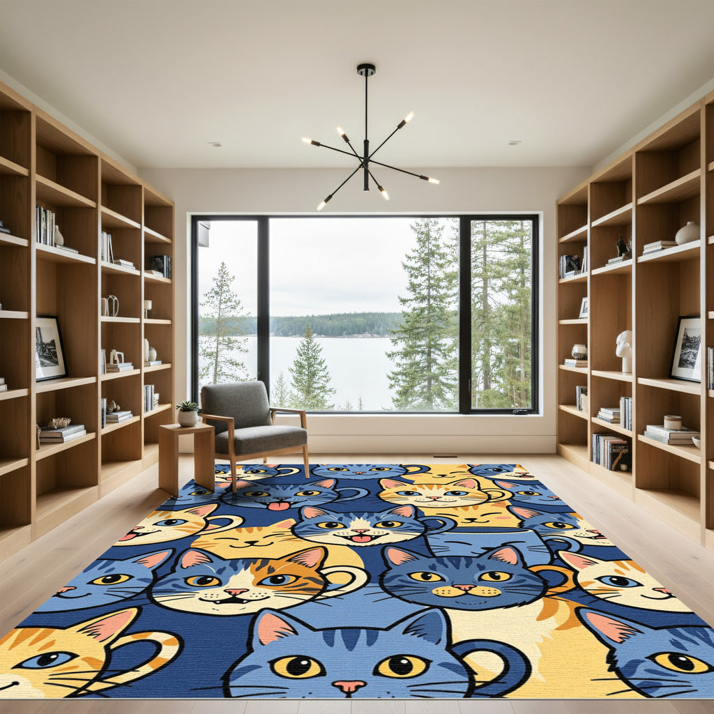 Playful Whimsical Blue and Golden Cat Rug