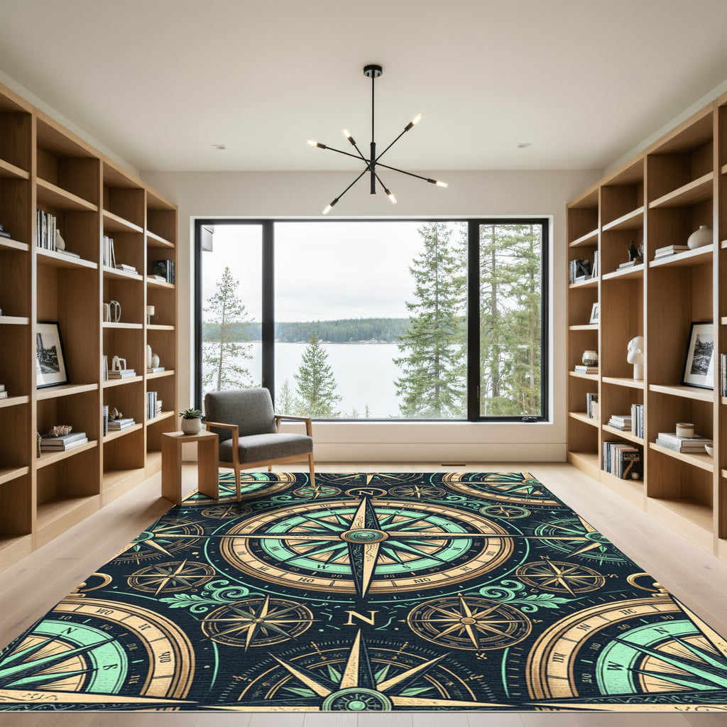 Navigational Compass Antique Gold Aqua Rug