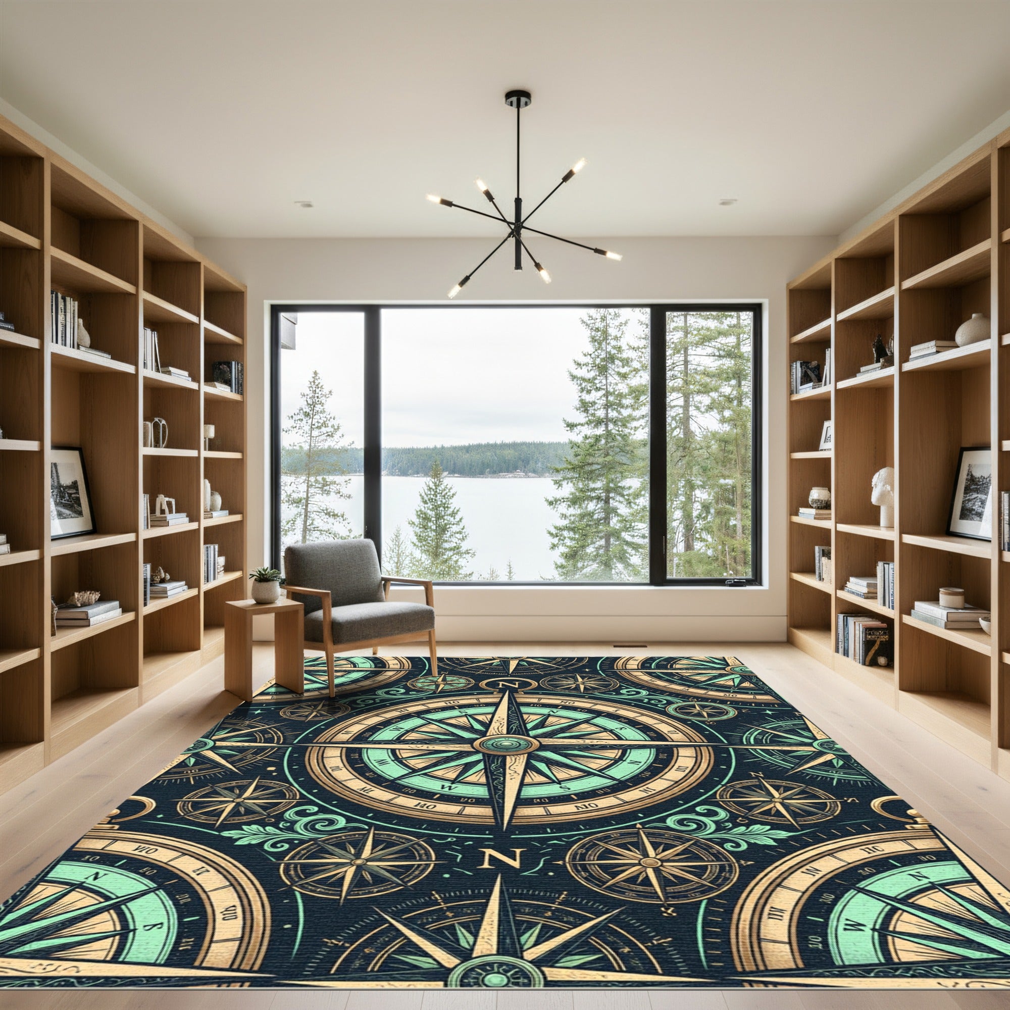 Navigational Compass Antique Gold Aqua Rug
