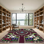 Crimson Floral Garden Fountain Birds Rug