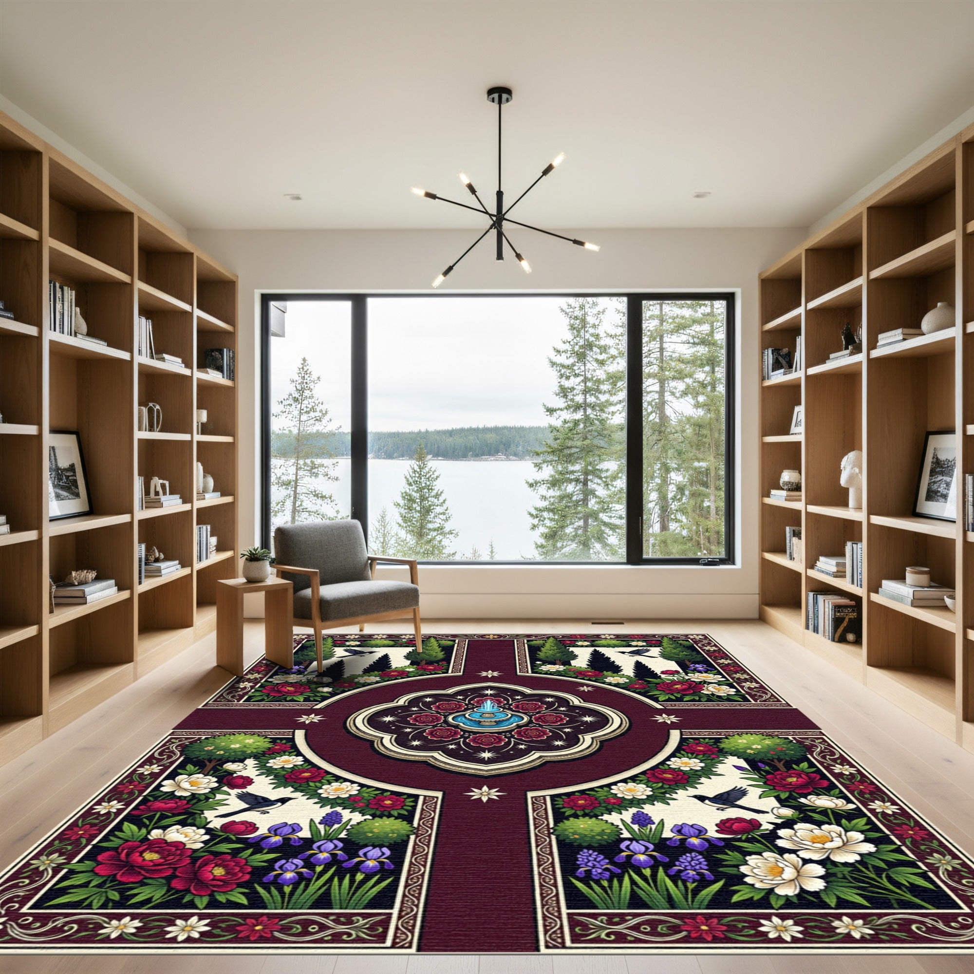 Crimson Floral Garden Fountain Birds Rug