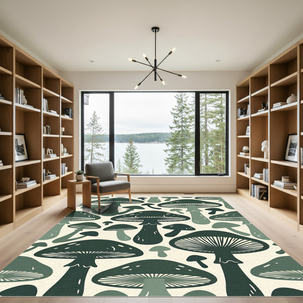 Dark Green Whimsical Botanical Mushroom Forest Rug