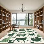 Whimsical Sage Green Playful Cat Illustration Rug