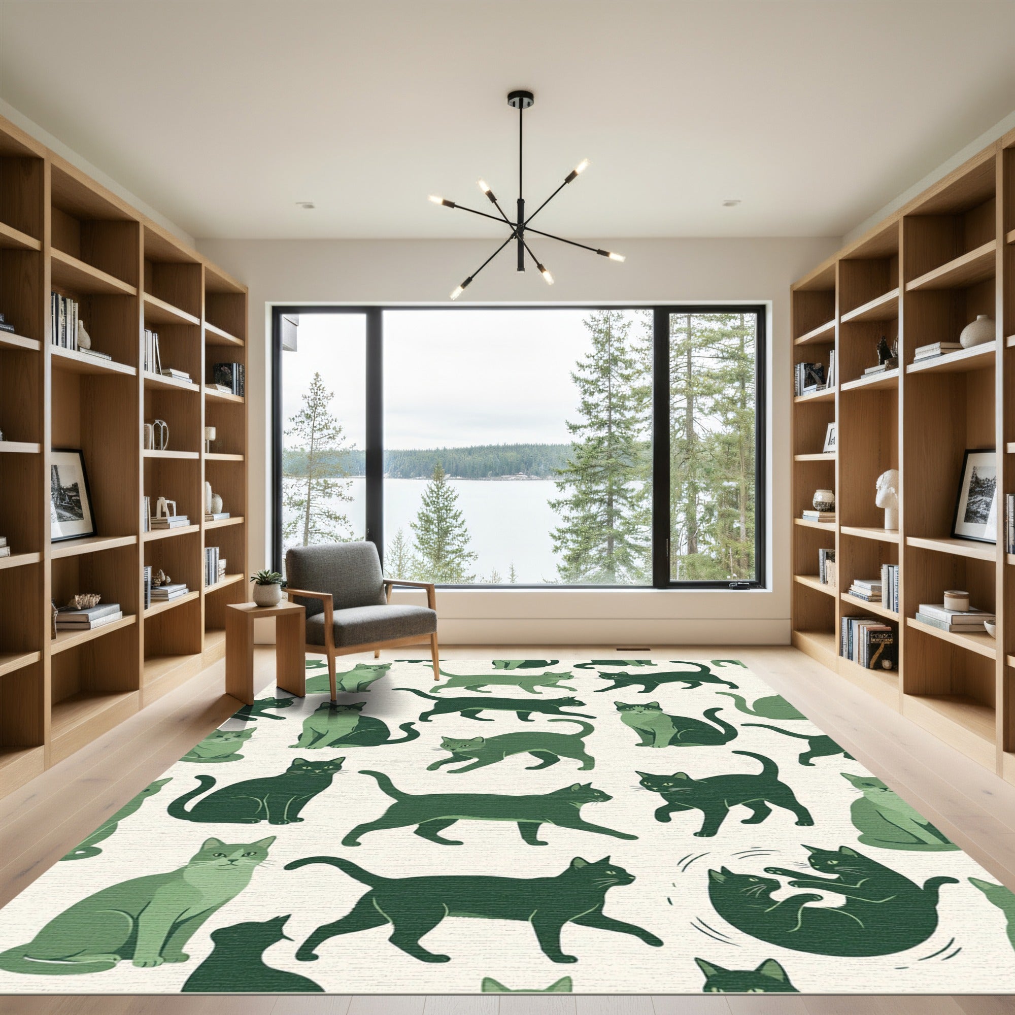 Whimsical Sage Green Playful Cat Illustration Rug
