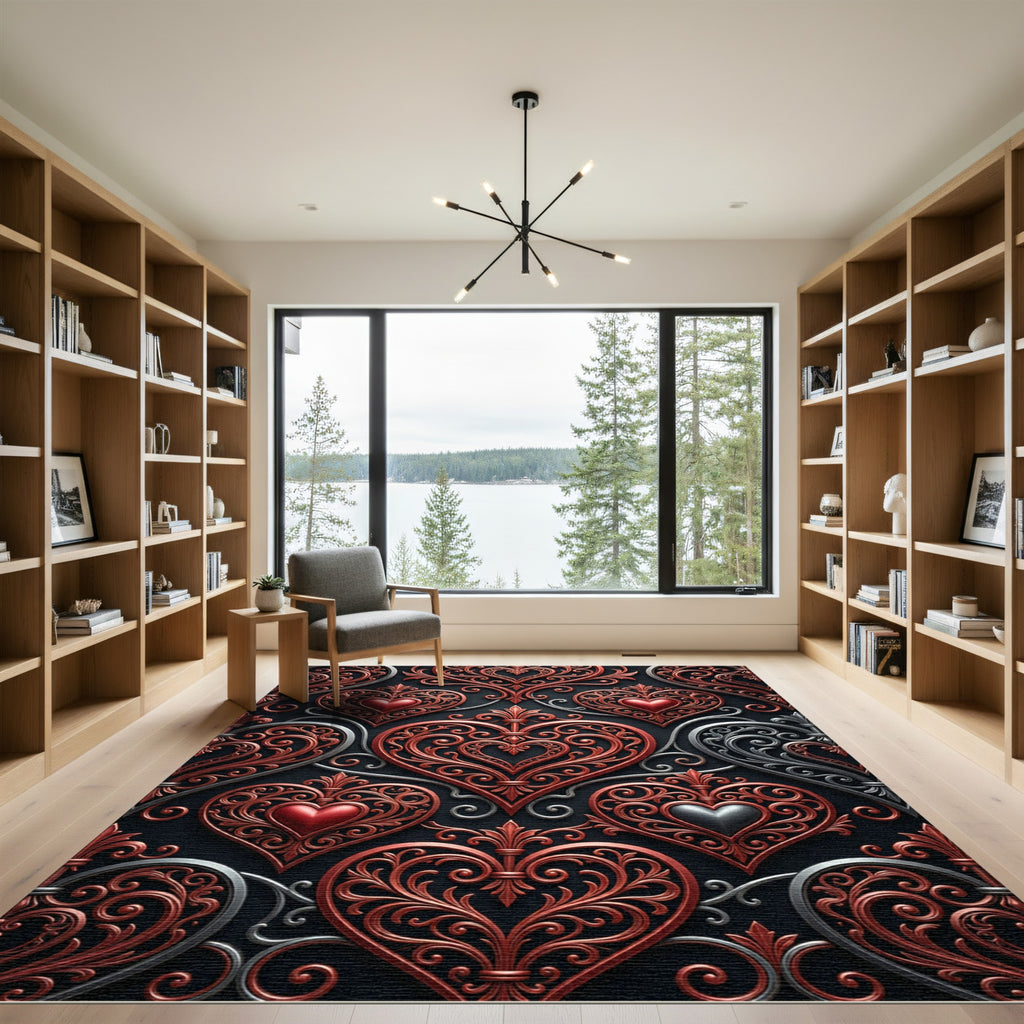 Ornate Red Heart Filigree Swirls Rug