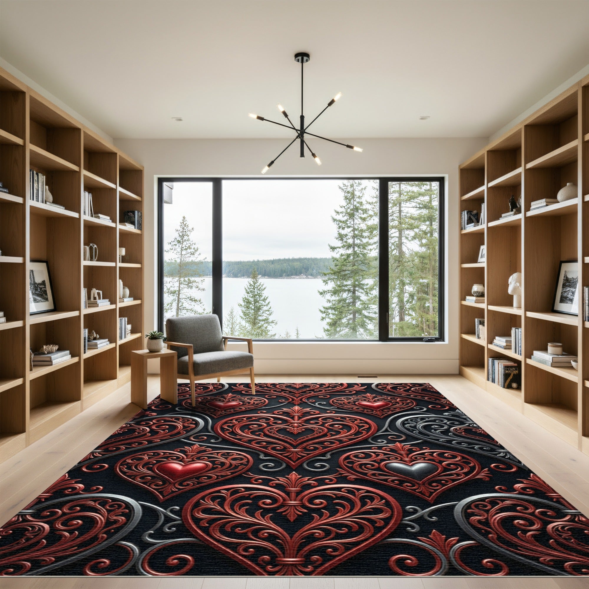 Ornate Red Heart Filigree Swirls Rug